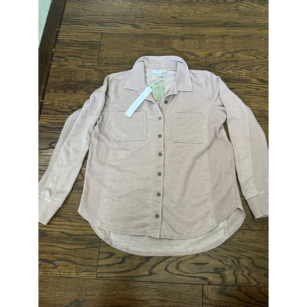 jane and delancey stretchy button up shacket small mauve Distressed